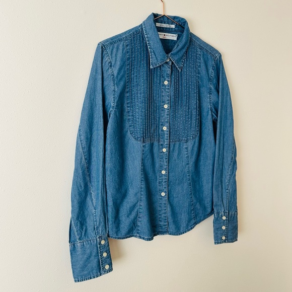 Vintage Tommy Hilfiger denim Button Down shirt pleated chambray medium wash - Picture 7 of 10